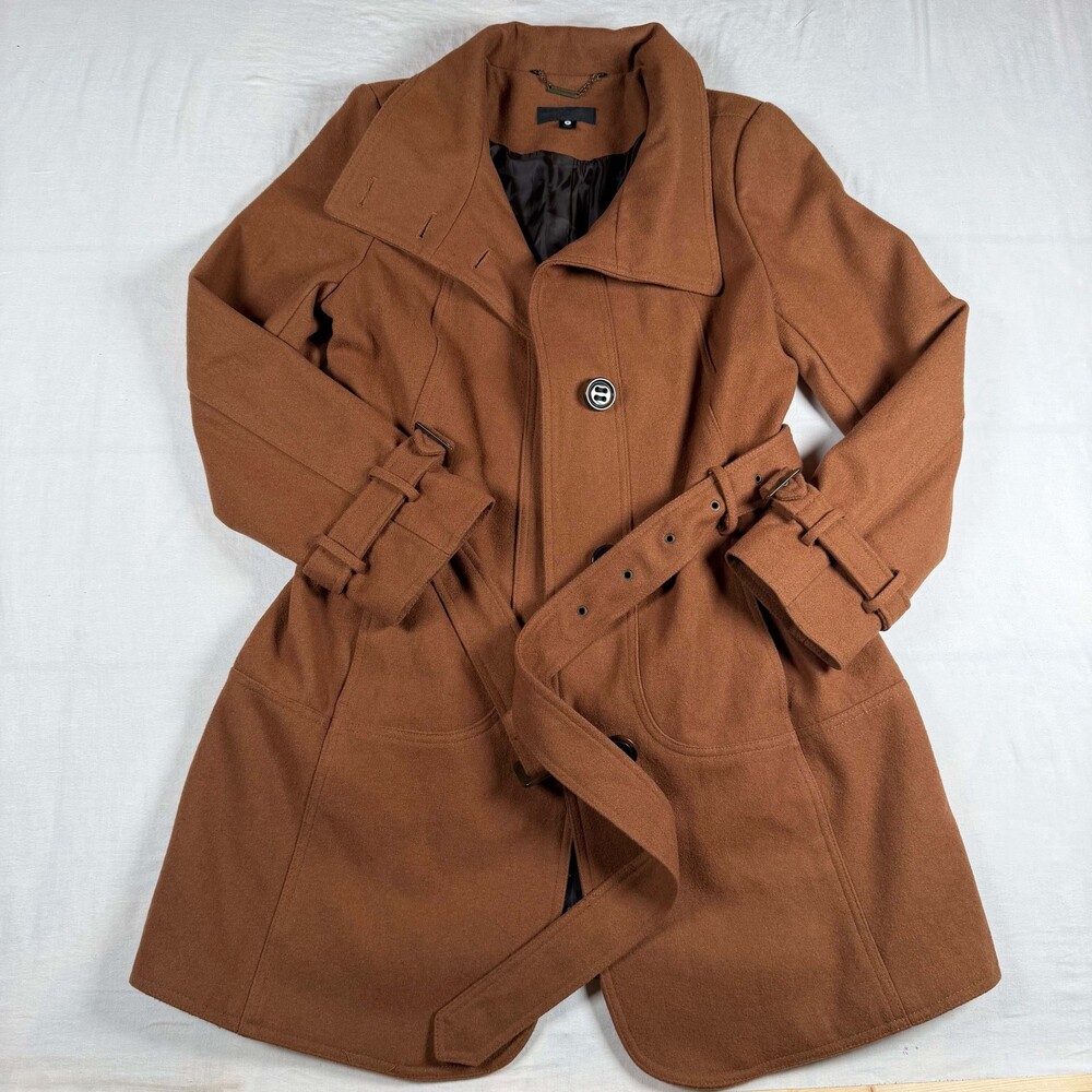 Worthington Brown Wool Blend Medium Trench Coat Belted Button Closure